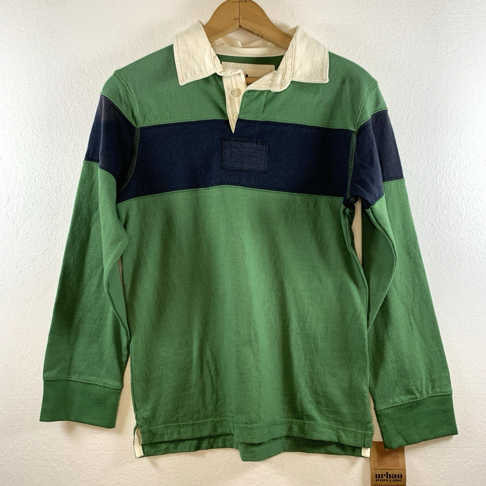 Urban Pipeline Boys Y2K Rugby Shirt Sz M Green Thick Preppy Collegiate 2010 Flaw